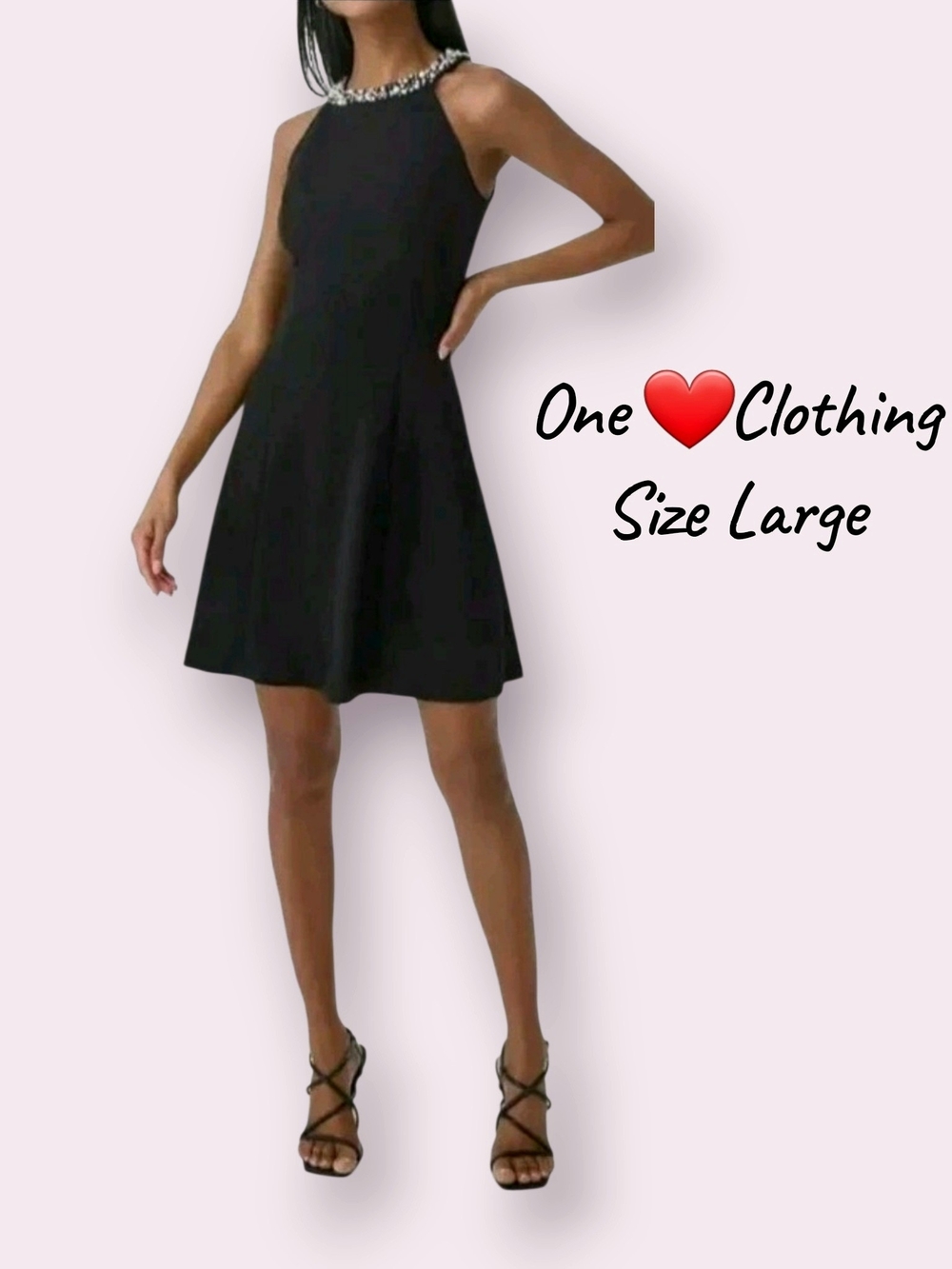 Black A-Line, rhinestone halter, fit & Flare skater dress